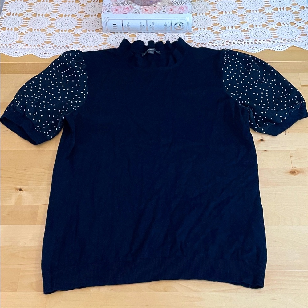 Adrianna Papell Navy ruffle mock neck polkadot Knit Top